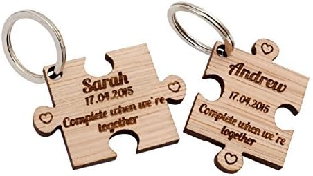 2 x Personalised Jigsaw Puzzle Piece Wooden Keyrings Each Engraved with a Name &amp; Date by AYOT