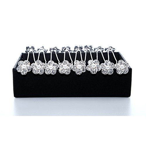 White Crystal Hair Pins Rose Flower Rhinestone Hair Clips with bead for Bridal Wedding Women Hair Accessories, 20 Pack (#1)