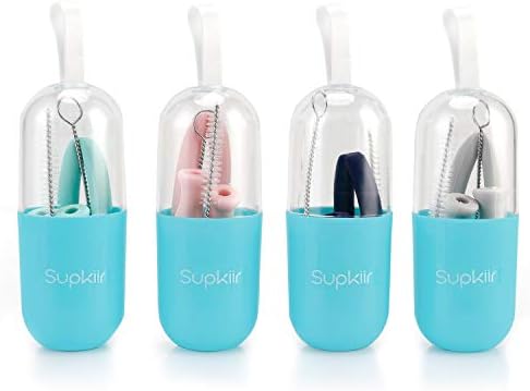 Supkiir Silicone Straw 4 Pack Drinking Reusable Straws Eco-friendly Portable Collapsible Straws with 4 Cases&4 Cleaning Brushes, 20 oz Tumblers Compatible for Travel, Office, Home