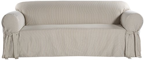 Classic Slipcovers BT10RAST One Piece Stripe Twill Sofa Slipcover, Khaki/White