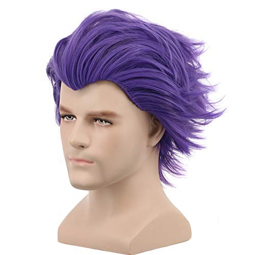 Yuehong Short Purple Men Anime Cospaly Wig Fashion Cospaly Party Costume Hair Heat Resistant Synthetic Fibers Soft Durable Breathable Wig