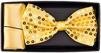 Men's Glitzy Sequins Pre-Tied Bow Tie &amp; Matching Pocket Square Hankie Gift Set (Gold)