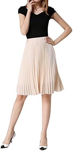 YUNSHANG Simple Retro Dancing Skirt Women's High Waisted Knee Length A line Chiffon Pleated Midi Skirt(Beige)