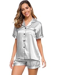 SWOMOG pijama de satén de seda para mujer, conjunto de pijama de dos piezas, conjunto de pijama de pijama con botones