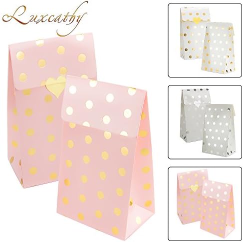 Luxcathy 12 Counts 16cm X 9.5cm Polkadot Party Gift Wrap Bag with Heart Sticker (Pink with Gold Dot)