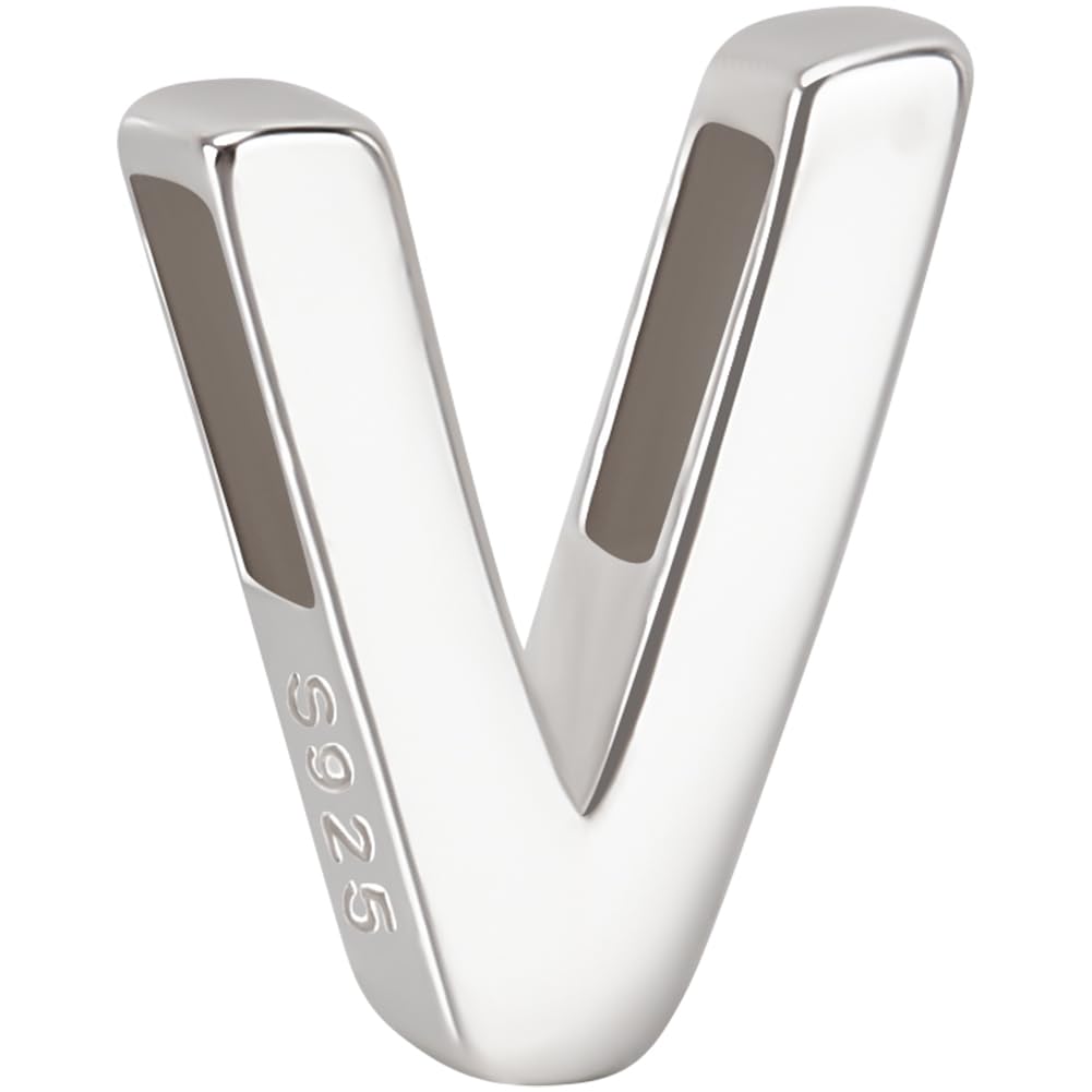 Beebeecraft Letter Bead Letter-V Sterling Silver Capital Letter Alphabet Bead Initial Necklace Bracelet Pendant Charm for Jewelry Making