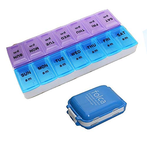 Weekly Pill Organizer for Morning & Night - 2 Times Medication Bundle with 8 Compartment Pill Organizer Box to Provide Convenient & Enough Storage Space for Travel Used.