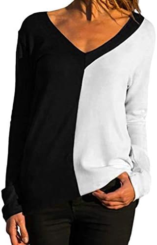 Women Tees Long Sleeve V-Neck Patchwork Pullover T-Shirt Blouse Tops Slim Fit Comfy Tunic Shirt