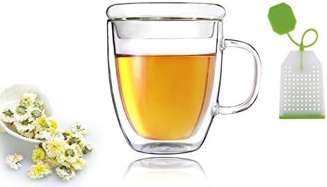 Elegant Double Walled Glass with Lid 16 OZ - Durable Transparent Insulating Borosilicate Glass Construction - Keeps Drinks Hot/Cold Longer- FREE Silicone Tea Bag Included