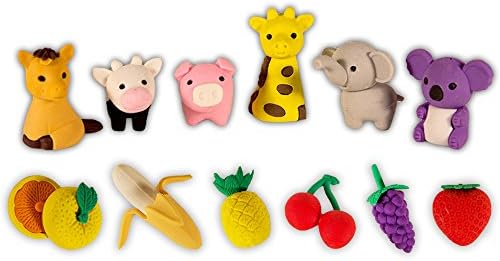 Bizmart Animal and Fruit Erasers for Kids -- Pack of 12 Erasers (Japanese-Style, No Duplicates)