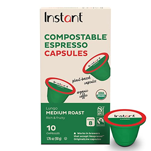 INSTANT COMPOSTABLE ESPRESSO CAPSULES, LUNGO MEDIUM ROAST, 10 PLANT-BASED CAPSULES, FROM THE MAKERS OF INSTANT POT, ECO-FRIENDLY, 100% ORGANIC, ARABICA CAPSULES WITH COMPOSTABLE FRESHNESS BAG