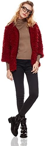 Nothing shop Faux Fur Coat 3/4 Sleeve Hook &amp; Eye Fleece Lined Shaggy Jacket Women Outerwear (Small/Medium, Maroon)