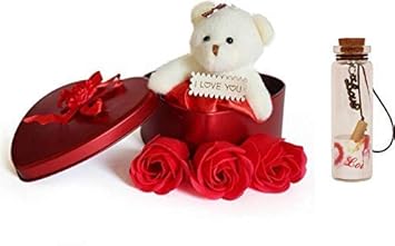 Lata Red Heart Shape Box with Flowers, Message Bottle and Cute Teddy (Multi-Color, Combo of 3)