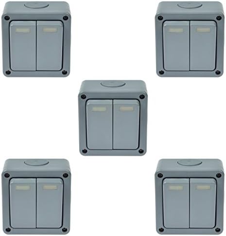 SuperInk 5 Pack 10A 125VAC 2-Gang 2-Way Dual Switch Storm Weatherproof Outdoor Switched 5-Pole Press Socket IP66 Rated