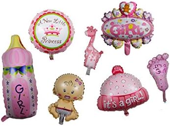 Newborn Princess Baby Girl Shower Kit Balloon - Set of 7 Foil Mylar Helium Cute Kid Foot Milk Bottle CupCake Round Crown Love Teddy Bear Giraffe Ballon Idea 4 Pink Party Invitation Photography Dรฉcor