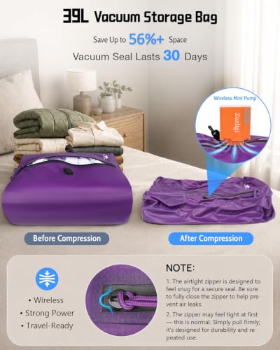 Zurligi Travel Vacuum Bag with Wireless Pump, IPX8 Waterproof Durable, Airtight Heavy-Duty Zipper, Portable Reusable Compression Packing Cubes with Shoulder Strap for Travel, Moving, Home Storage