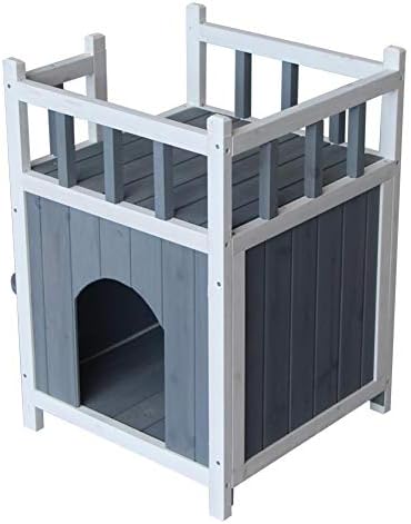 dalilylime Pet House Small Dog Shelter, Indoor Outdoor Wooden Cat Pet Home,with Balcony (Gray & White)