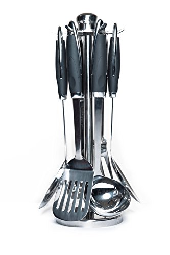 New Stainless Steel Cooking Utensil Set with Improved Handles [6 PIECES] Rotating Stand Included at No Extra Cost – Cook Well and Rule the Kitchen