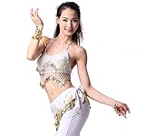ZLTdream Lady's Belly Dance Bandage Coin Bra Top With Chest Pad White