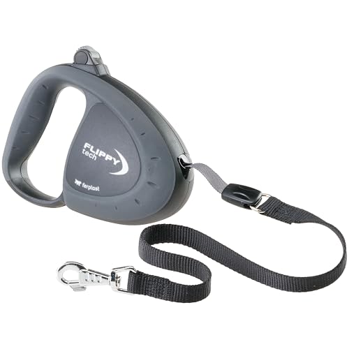 Ferplast Laisse Chien Enrouleur Flippy Tech, Laisse pour Grands Chiens jusqu'à 50 Kg. Sangle Extensible Max 5 m. Bouton de Verrouillage et de déverrouillage Unique, Noir