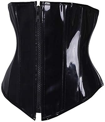 Black PVC Leather Short Torso Corset Underbust Zipper Lace up Back Waist Bustier