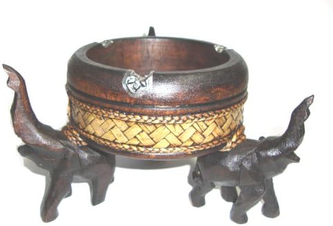 Ashtray with 3 Elephants Wooden Ashtray New Thai Carved Handicraft Mango Wood with Elephant Silver Plated Ashtray