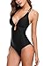 CharmLeaks Low Back One Piece Swimsuit Plunge Monikini Black Swimwear Bathing Suits M, Black Basic