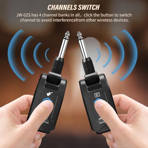 JOYO - Sistema inalámbrico para guitarra, 5.8 GHz, transmisor y receptor inalámbricos para guitarra, audio recargable con 4 canales de señal para guitarra eléctrica y bajo 20M, (JW-02S)