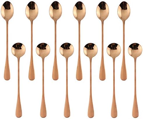 Copper Long Handle Spoon, MDEALY 12 Pcs Stainless Steel Ellipse Style 7.5" & Round Style 7" Coffee Ice Cream Spoon Cocktail Mixing Silverware Spoon
