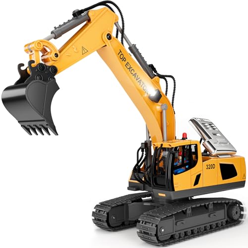 KIDMARKT Remote Control Excavator Toy for Boys | 11-Channel Metal Construction Truck with Lights, 2×1200mAh Batteries, 120-Min Playtime | RC Excavator Toys for Kids Ages 3-12, STEM Gift for Birthday