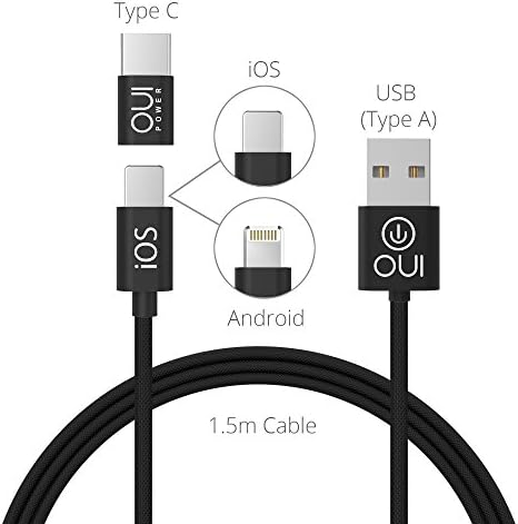 3 IN 1 Charging USB Cable for Lightning, Micro USB, USB-C /Universal connector for both Micro USB and Lightning/ USB-C adapter/ Port protection and steel chain/ Quick charge 2.4A/ 5 ft lenght/ Durable