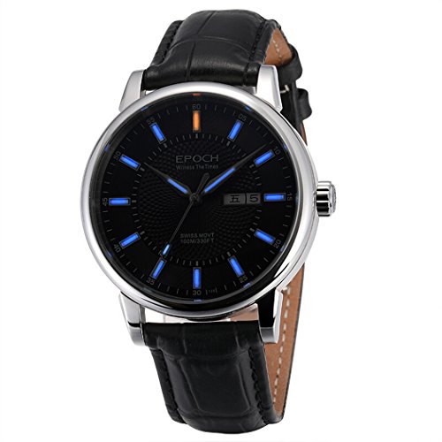 EPOCH 6039G A Style 10ATM Waterproof T25 Tritium Luminous Men Dress Business Week Date Automatic Self-Wind Mechanical Wrist Watch (Black dial Leather Band Blue Luminous) EPOCH 6039G A Style 10ATM Waterproof T25 Tritium Luminous Men Dress Business Week Date Automatic Self-Wind Mechanical Wrist Watch (Black dial Leather Band Blue Luminous)