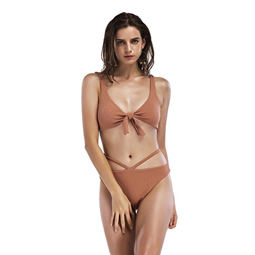 Imido Womens Tie Knot Front High Waist Thong Bandage 2PCS Bikini Sets Beachwear (L, Coffee)