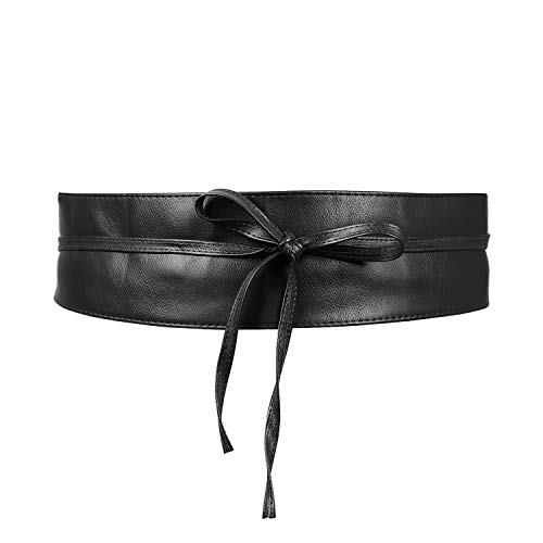 Womens Faux Leather Obi Belt Wrap Sash Cinch Waistband for Dresses Halloween Costume, Black S