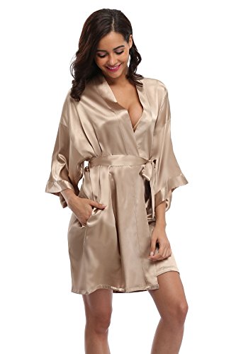 Women's Satin Rhinestone Short Wedding Kimono Robe for Bridesmaid, Champagne XS