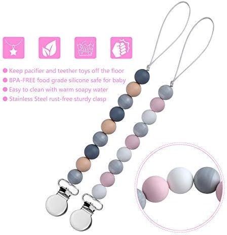 SUGEE Pacifier Clips Silicone Teething Beads BPA Free Binky Holder for Girls and Boys Binky Holder for Newborn Set of 2