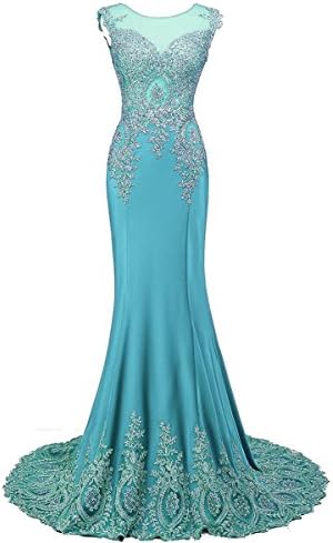 DBbeautyshop Womens Mermaid Evening Dresses Gold Lace Beading Sheer Crewneck Long Prom Dress US10 Turquoise