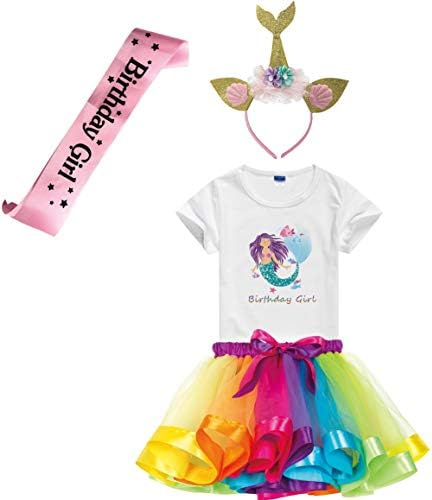 Girls Birthday Tutu Skirts Dress with Mermaid Birthday Girl Tshirt, Headband, Satin Sash