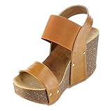 Refresh Women's Mara-10 Platform Cork Wedge High Heel Leather Sandal,8 B(M) US,Tan