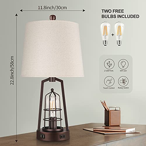 WIHTU Set of 2 Farmhouse Table Lamps with USB Ports, 3Way Dimmable