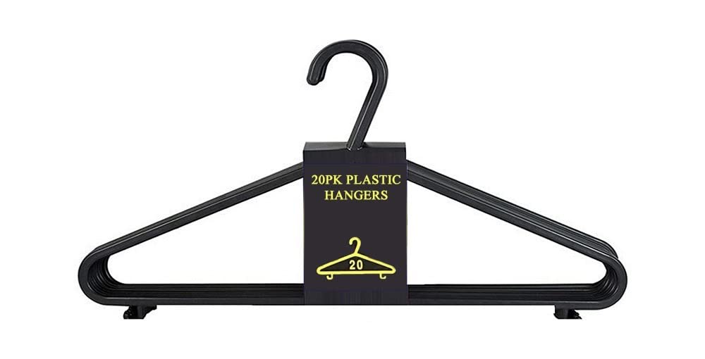 ASPIRE UK 20 Pack Black Plastic Coat Hangers for Adults – Space Saving Clothes Organizer with Trouser Bar & Clips for Wardrobe, Closet & Rails