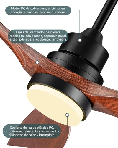 Forrovenco Ceiling Fan with Light and Remote Control, 52 Inch Outdoor Ceiling Fan with LED Lamp, DC Motor, 6 Speeds, Timer, for Indoor and Outdoor, 52 Inch, Brown