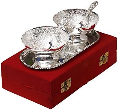 Artistic Handicrafts Silver Plated Brass Bowl With Tray - Set Of 5