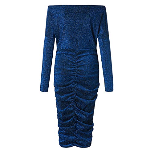 Mlide Off The Shoulder Slim Hip Sequin Dress,Women Sparkly Long Sleeve Evening Party Club Ruched Bodycon Dress (Dark Blue,Small)