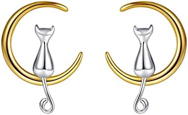 Mother's Day Gifts from Daughter Son Sterling Silver Gold Plated Moon Cute Cat Kitty Stud Earrings 2 Tone Lucky Cat Lovers Her Gift Girlfriend Birthday Women Anniversary Fashion Jewelry