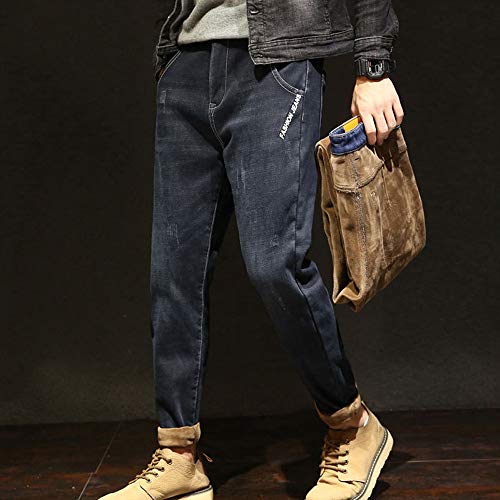 Mens Elastic Jeans Pants Winter Fashion Harlan Alphabet Stretch Feet Trousers Thicken Plus Velvet Casual Long Pants - Thumbnail 2