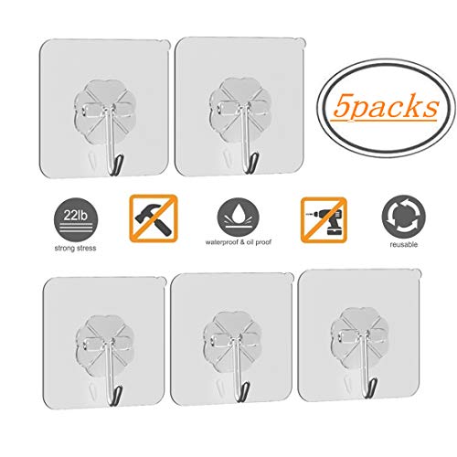 Mokaro Coat Hooks Adhesive Clear 5 Packs Heavy Duty 22ib
