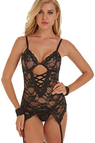 Unilove Bodysuit Lingerie for Women Sexy Corset with Straps Lace Babydoll Chemise Black Small - Thumbnail 5