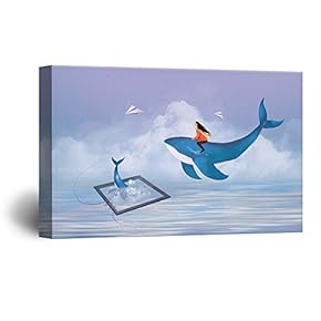 Hand Drawing Style Mystical Girl Flying with Blue Whales Above The Clouds Gallery 12x18 inches