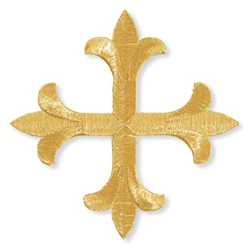 Metallic Gold Fleur De Lis Cross 5 Inch Embroidered Vestment Applique